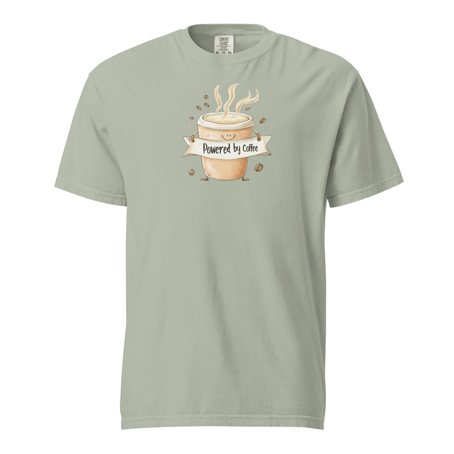 Brown Cartoon-style coffee cup T Shirt with a happy face, arms holding a banner that says 'Powered by Coffee,' surrounded by steaming lines and coffee beans, playful and cute design on a white background