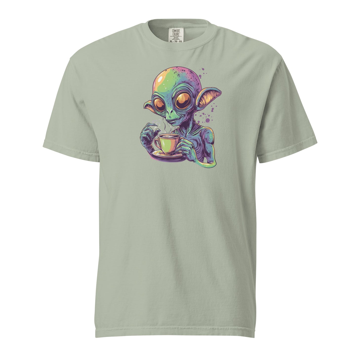 Psychedelic illustration of a colorful alien with large eyes drinking coffee, featuring iridescent green and purple tones, holding a steaming coffee cup and saucer