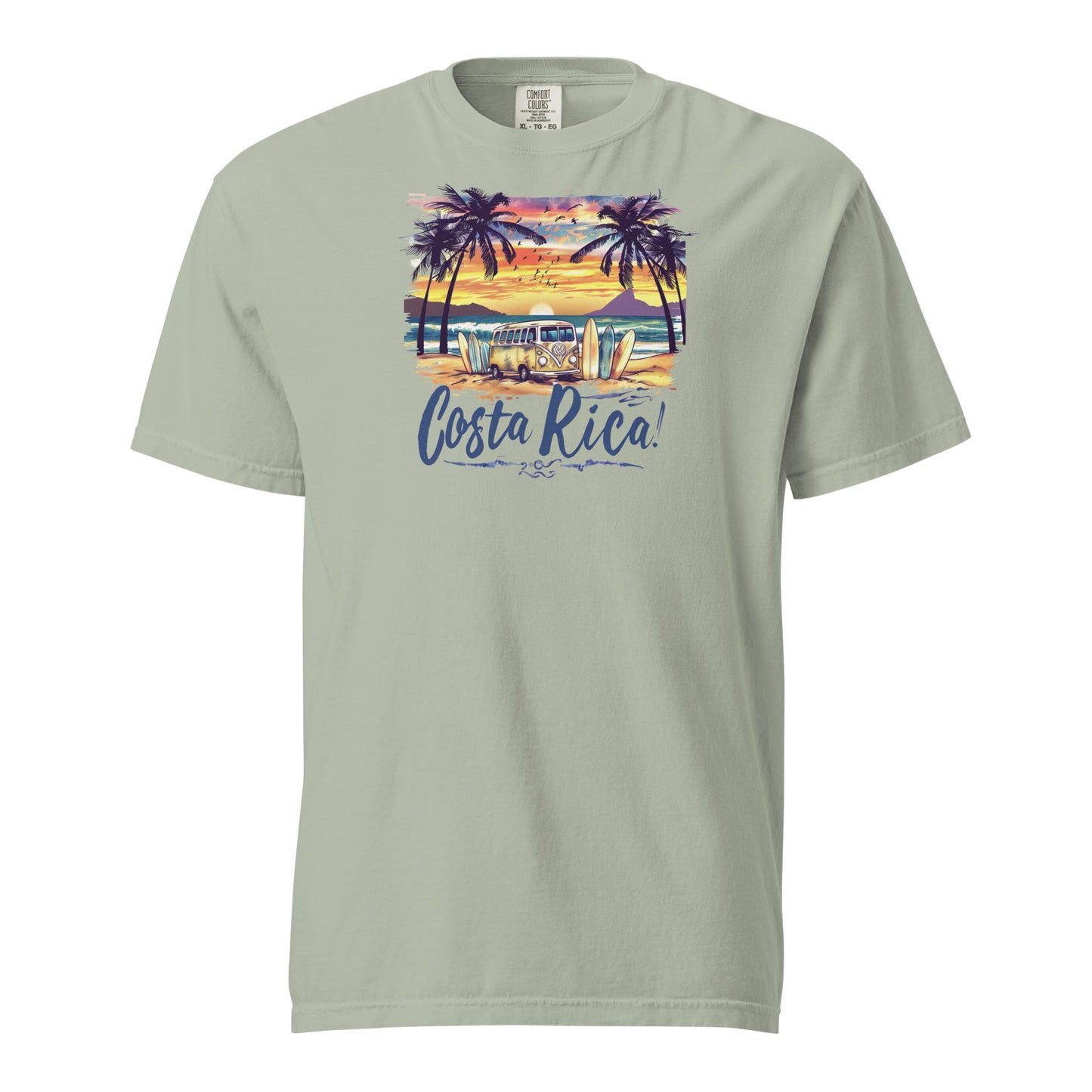 Brown Retro surf van on a tropical beach with surfboards, surrounded by palm trees and a vibrant sunset, featuring the text 'Costa Rica' in bold script font
