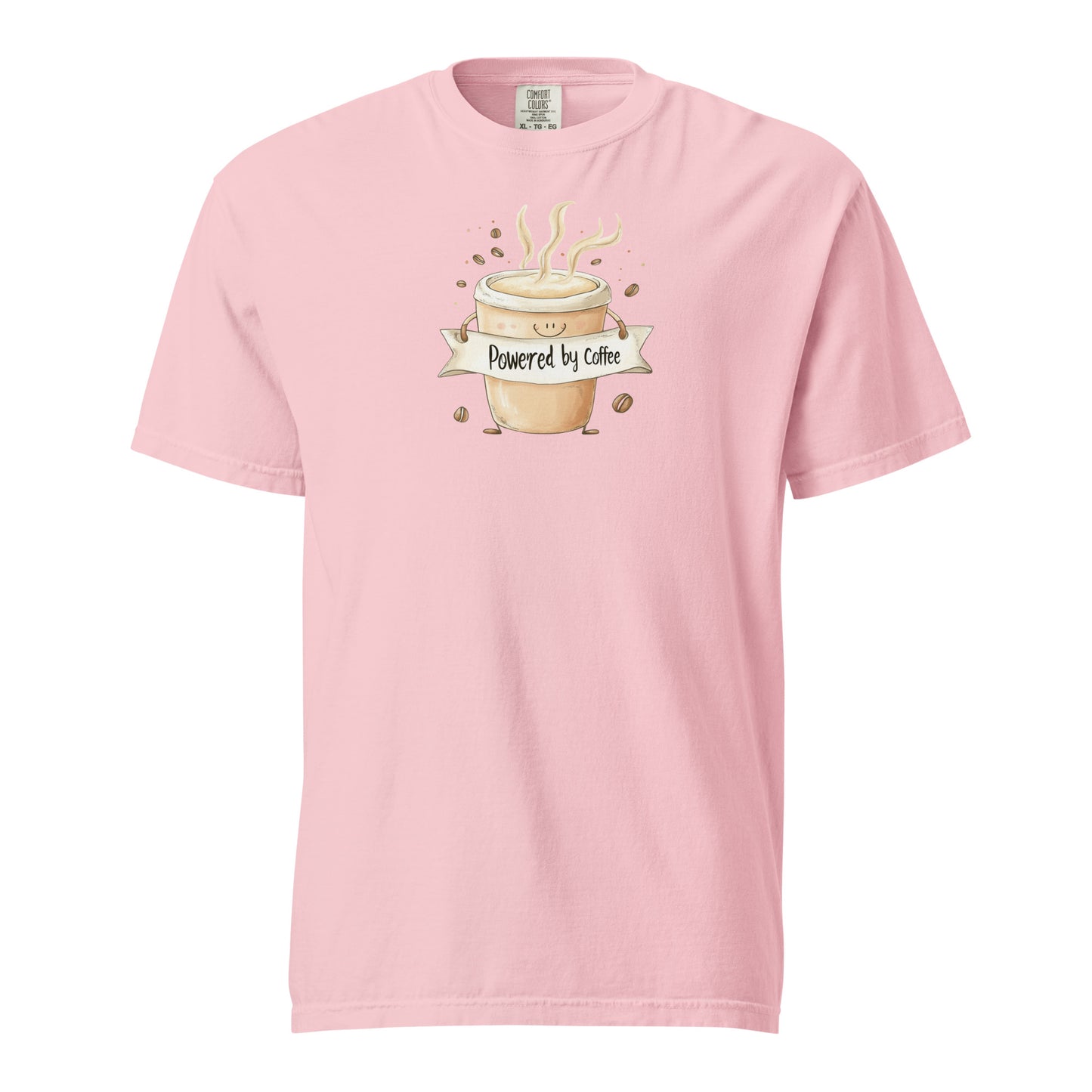 Pink Cartoon-style coffee cup T Shirt with a happy face, arms holding a banner that says 'Powered by Coffee,' surrounded by steaming lines and coffee beans, playful and cute design on a white background