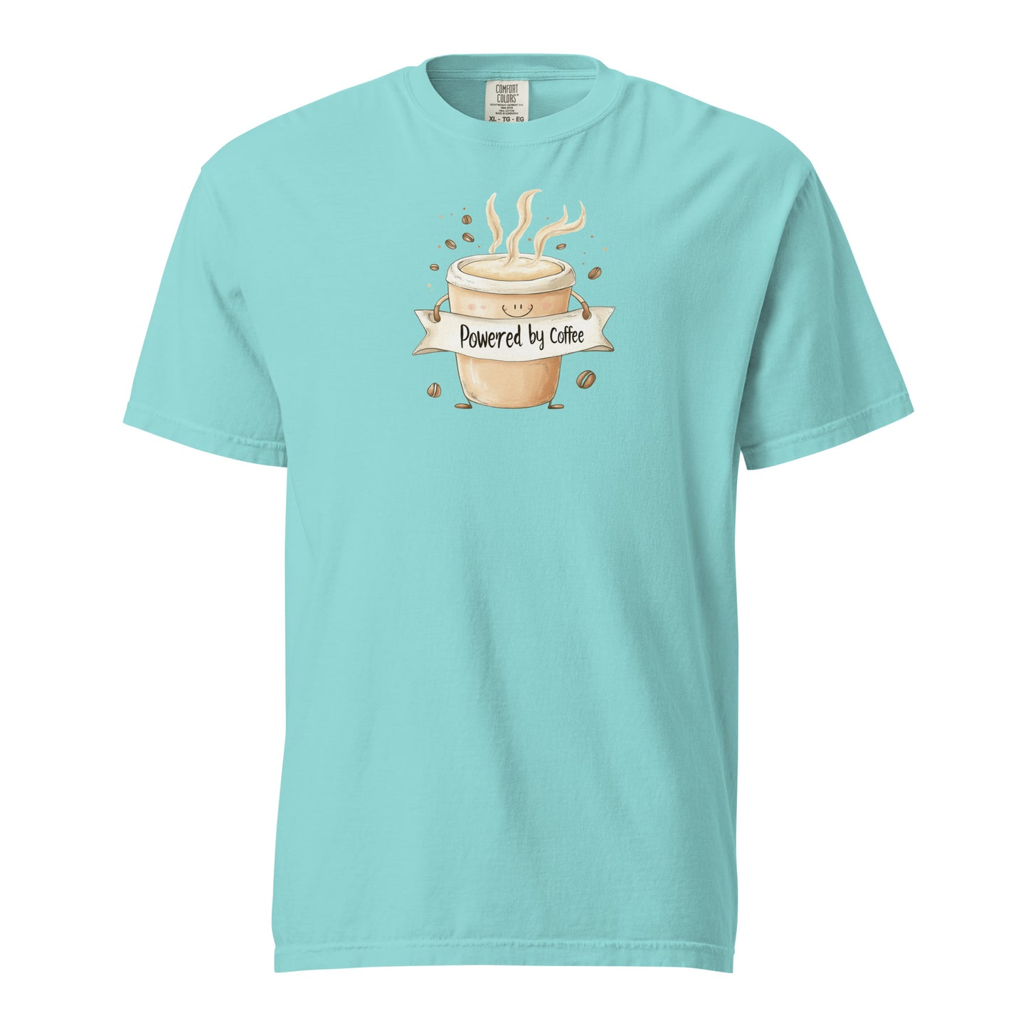 Green Cartoon-style coffee cup T Shirt with a happy face, arms holding a banner that says 'Powered by Coffee,' surrounded by steaming lines and coffee beans, playful and cute design on a white background
