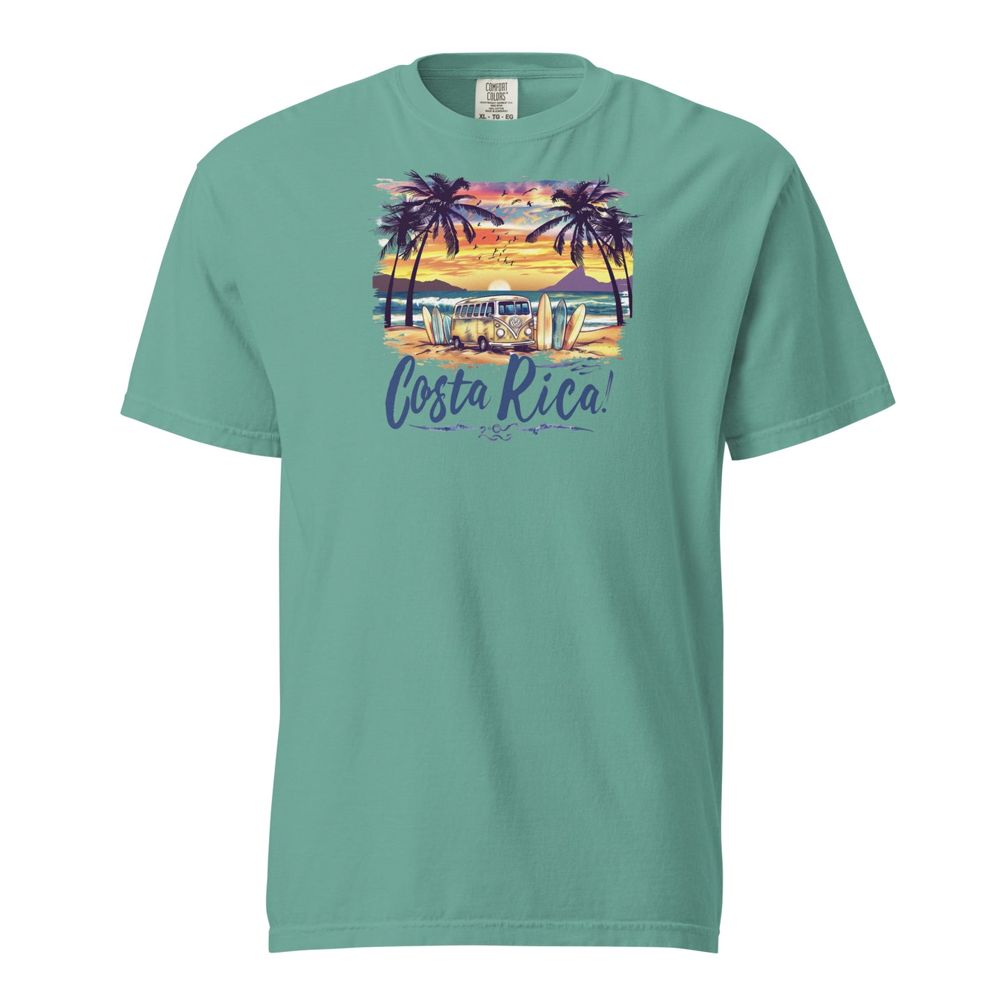Green Retro surf van on a tropical beach with surfboards, surrounded by palm trees and a vibrant sunset, featuring the text 'Costa Rica' in bold script font