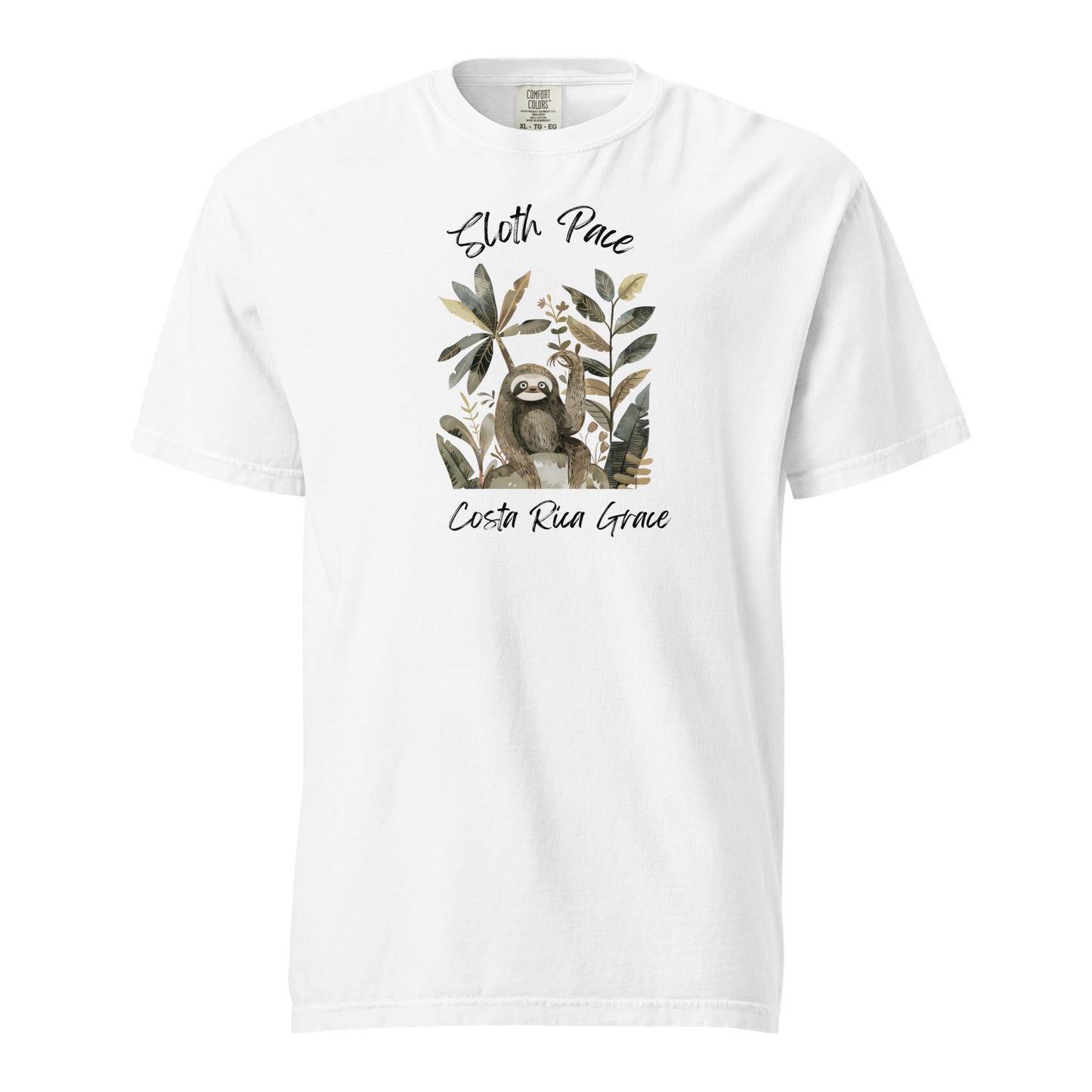 White Costa Rica T Shirt of a smiling sloth surrounded by tropical leaves and palm fronds in earth tones, with 'Sloth Pace' and 'Costa Rica Grace' text in brush script