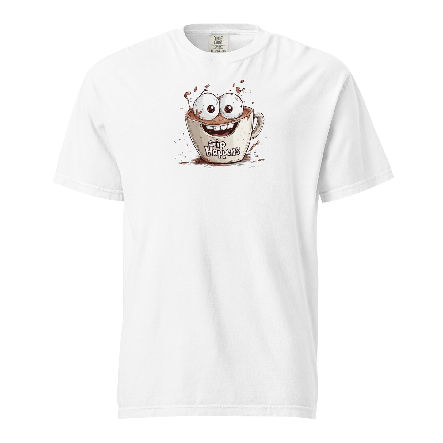 White Quirky cartoon coffee mug T Shirt with googly eyes and a big smile, surrounded by playful coffee splashes, featuring the text 'Sip Happens' in bold, fun font