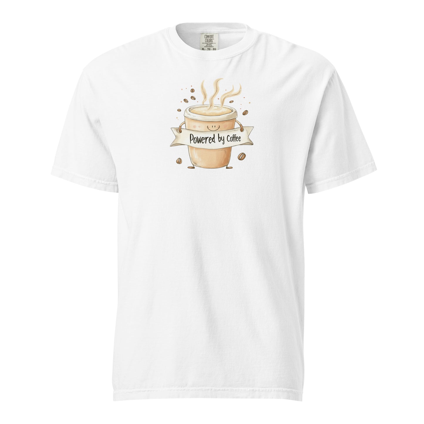 White Cartoon-style coffee cup T Shirt with a happy face, arms holding a banner that says 'Powered by Coffee,' surrounded by steaming lines and coffee beans, playful and cute design on a white background