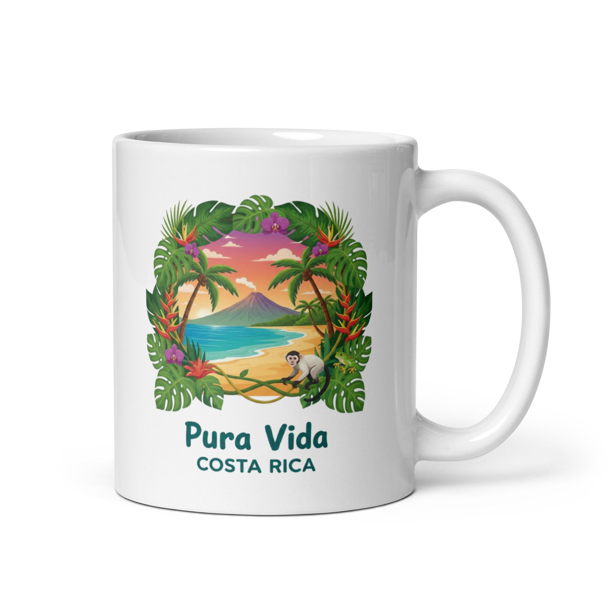 Pura Vida Costa Rica Tropical Coffee Mug – Beach, Volcano and Monkey D