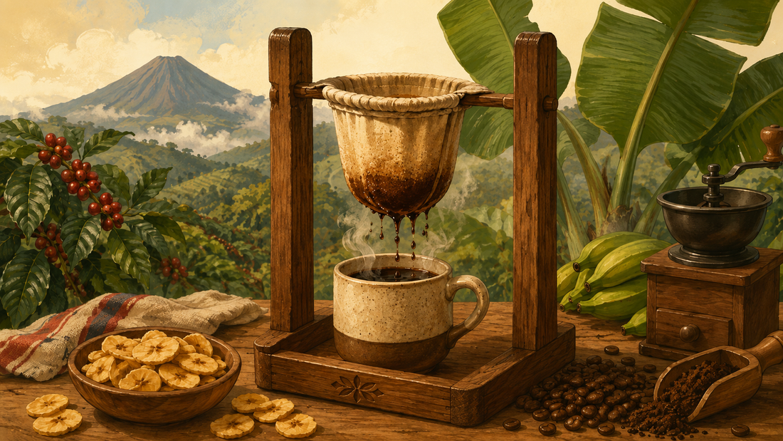 Costa Rica Chorreador Coffee Brewer and Bananas