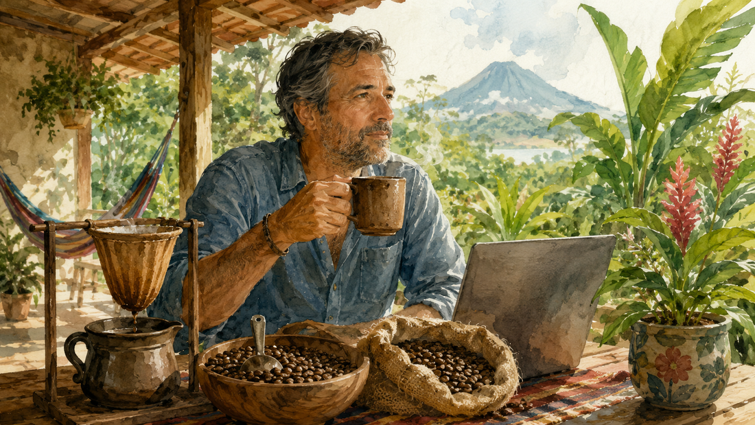 Watercolor illustration of a man enjoying chorreador-brewed coffee on a Costa Rica porch with a volcano in the distance."