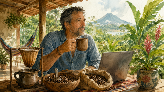 Watercolor illustration of a man enjoying chorreador-brewed coffee on a Costa Rica porch with a volcano in the distance."