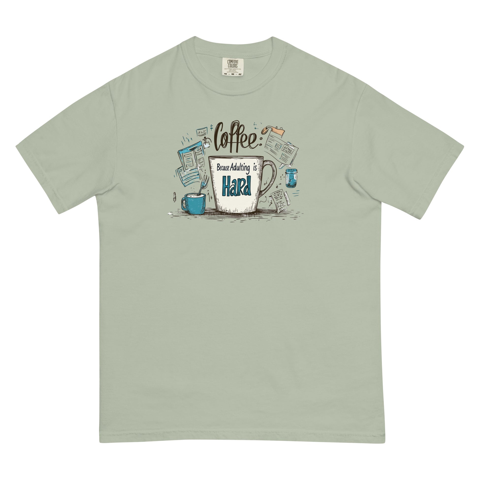 Illustration of a large coffee cup with the text "Because Adulting is Hard" surrounded by work and life stress items, designed for a humorous and relatable coffee-themed t-shirt.