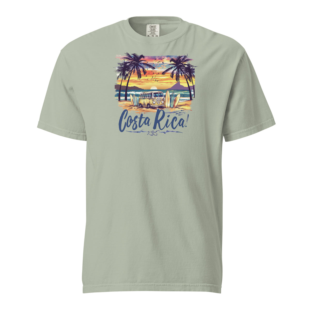 Brown Retro surf van on a tropical beach with surfboards, surrounded by palm trees and a vibrant sunset, featuring the text 'Costa Rica' in bold script font
