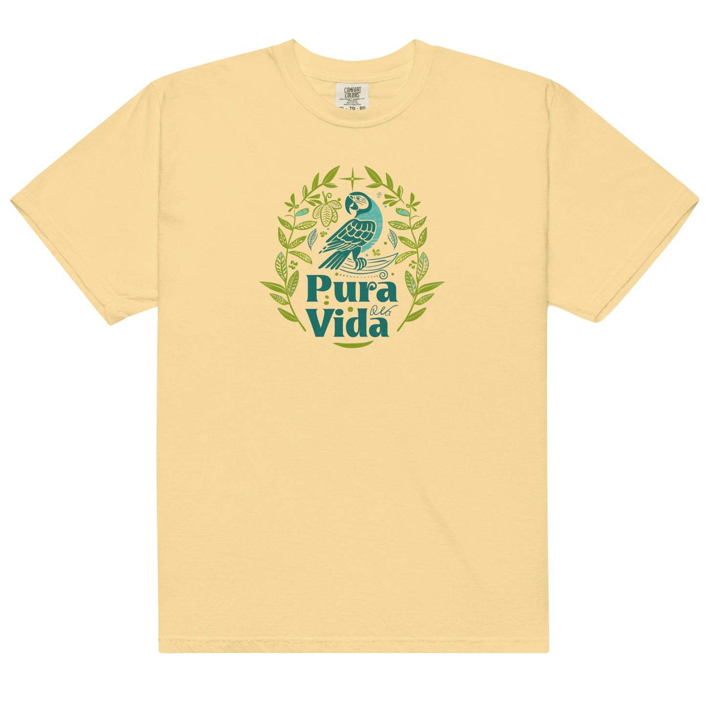 T-shirt design featuring a tropical parrot perched on a branch with "Pura Vida" text, inspired by Costa Rica’s vibrant wildlife and rainforest aesthetic