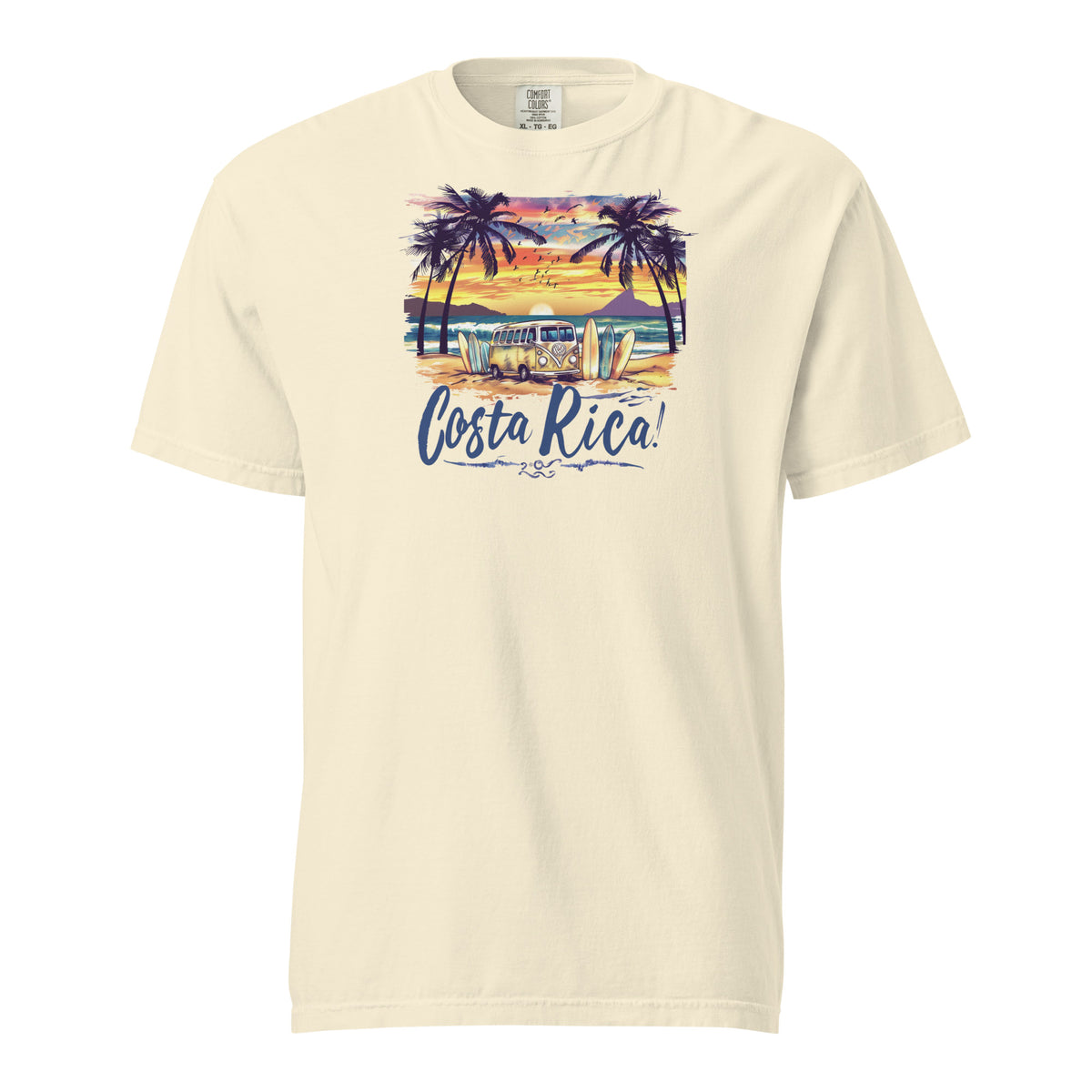 Retro surf van on a tropical beach with surfboards, surrounded by palm trees and a vibrant sunset, featuring the text 'Costa Rica' in bold script font