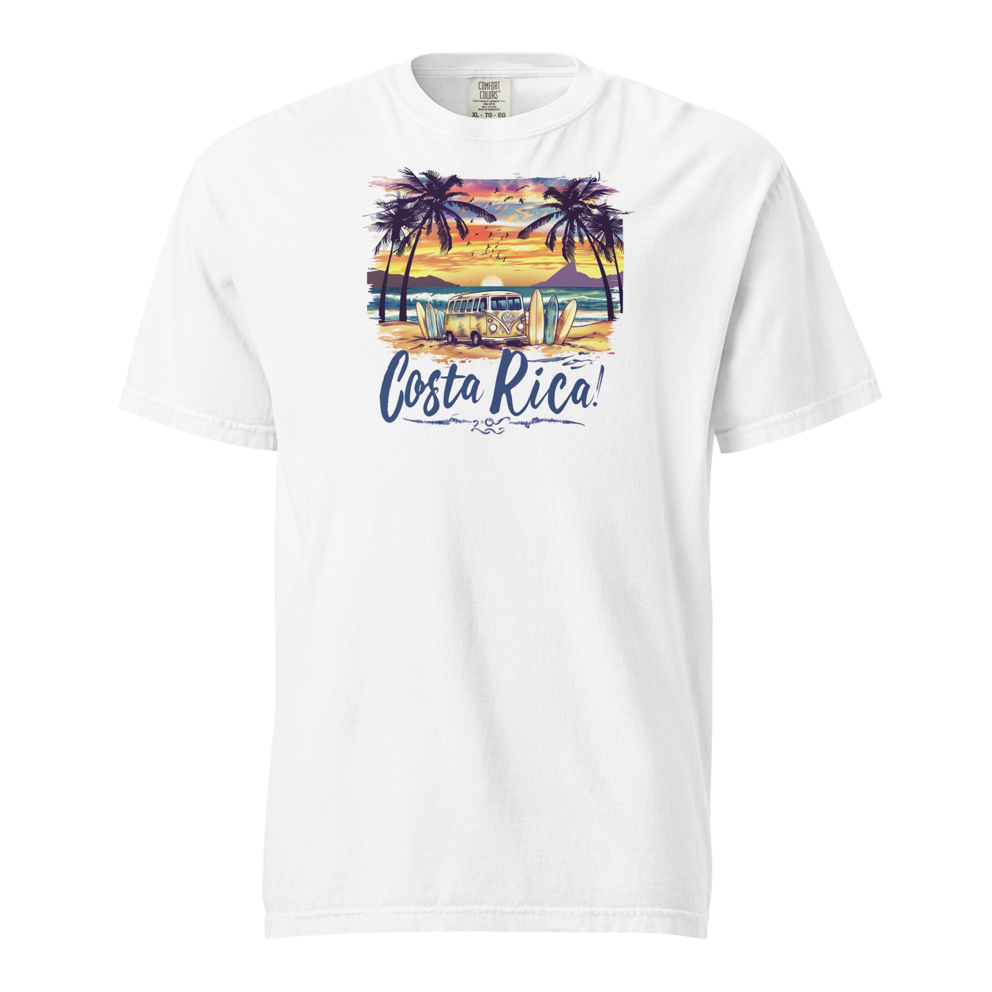 White Retro surf van on a tropical beach with surfboards, surrounded by palm trees and a vibrant sunset, featuring the text 'Costa Rica' in bold script font