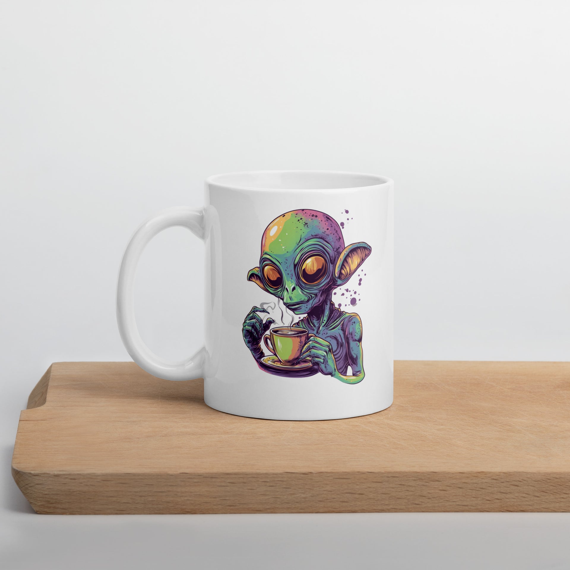 Alien Drinking Coffee Mug– Quirky Sci-Fi Graphic Coffee Cup – Cafe Tico